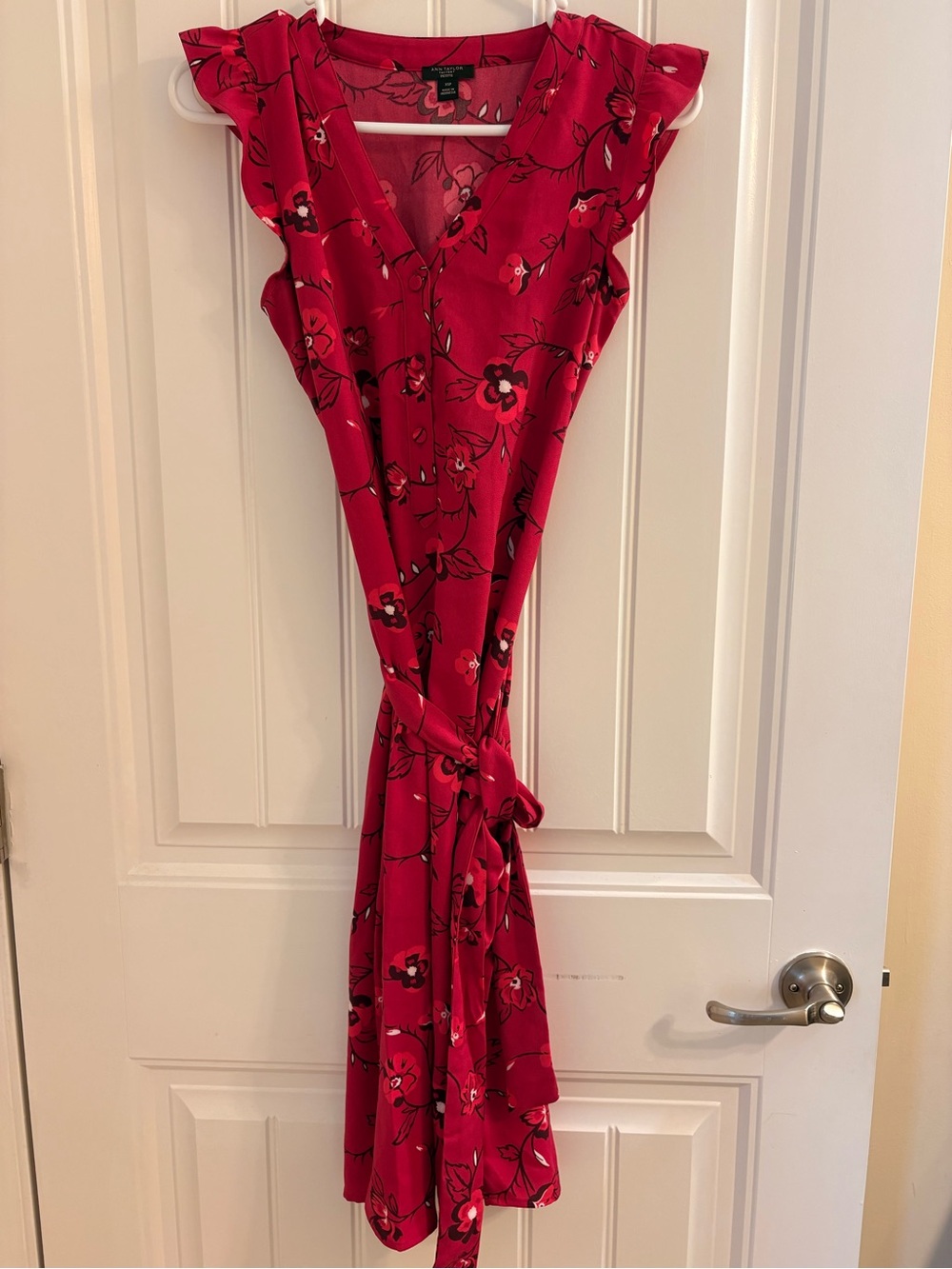Ann Taylor Red Floral Wrap Midi Dress with Ruffle Sleeves